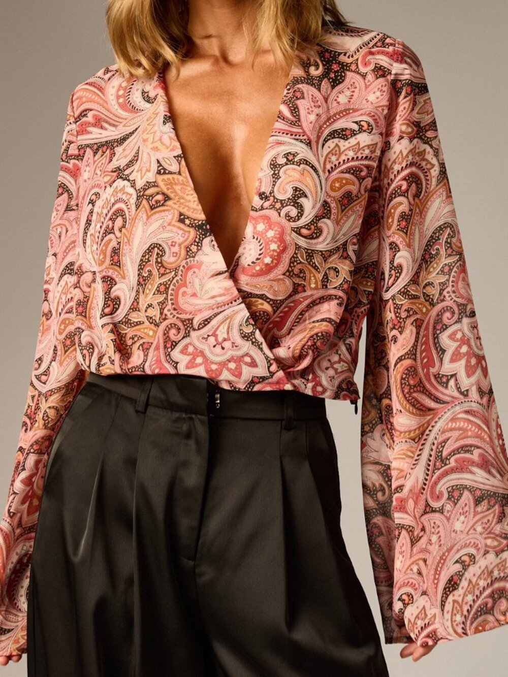 Multicolor Boho Women's Deep Plunge Loose Wrap Flare Regular Cropped Top
